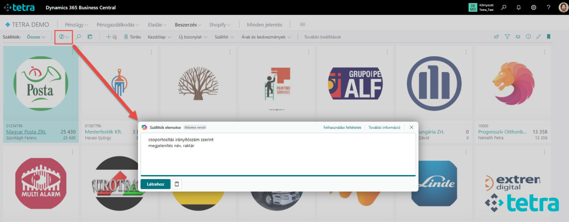 Microsoft Dynamics 365 Business Central Copilot lista elemzés funkció
