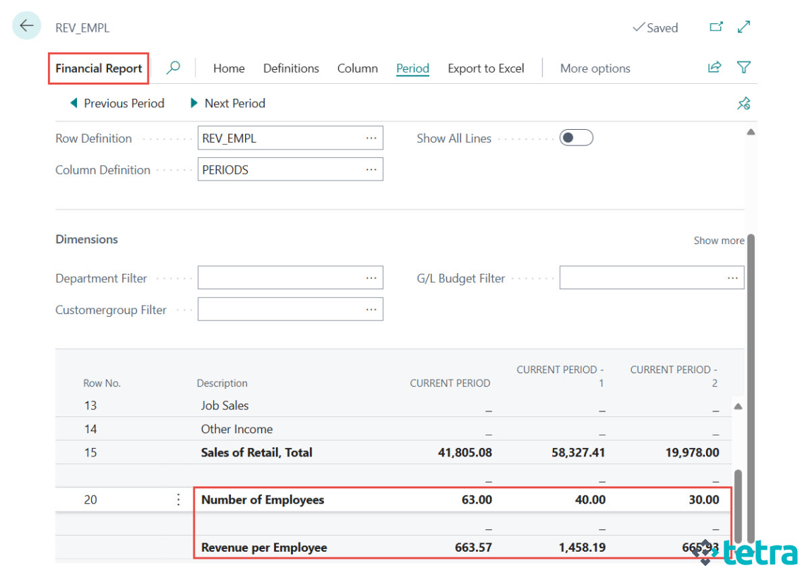 Microsoft Business Central - Statistical Accounts Example: Revenue / Emloyees